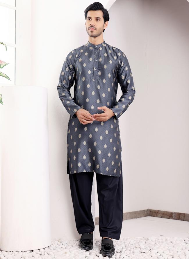 Viscose Navy Blue Ceremonial Wear Weaving  Readymade Kurta